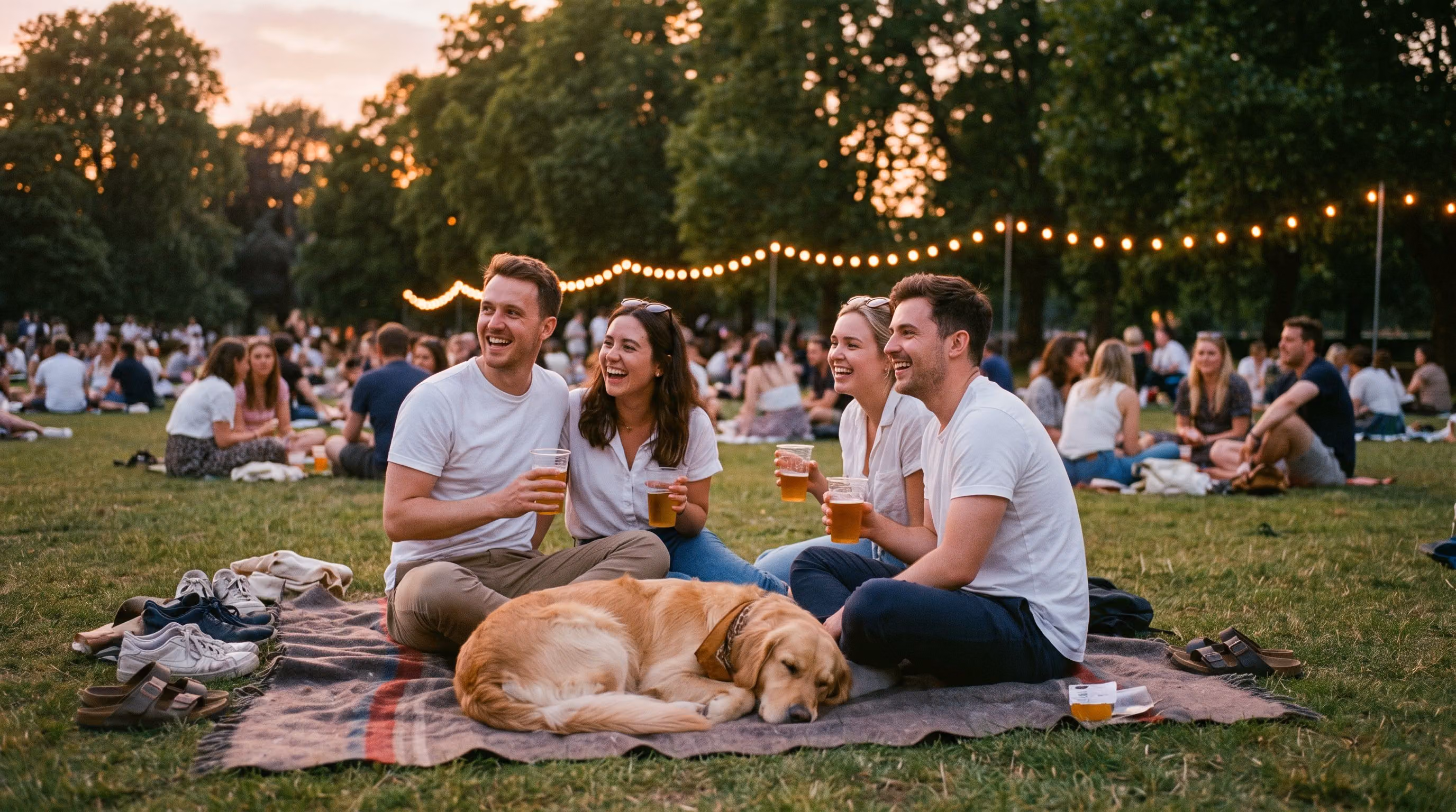 The whole crowd sharing a screening at dusk