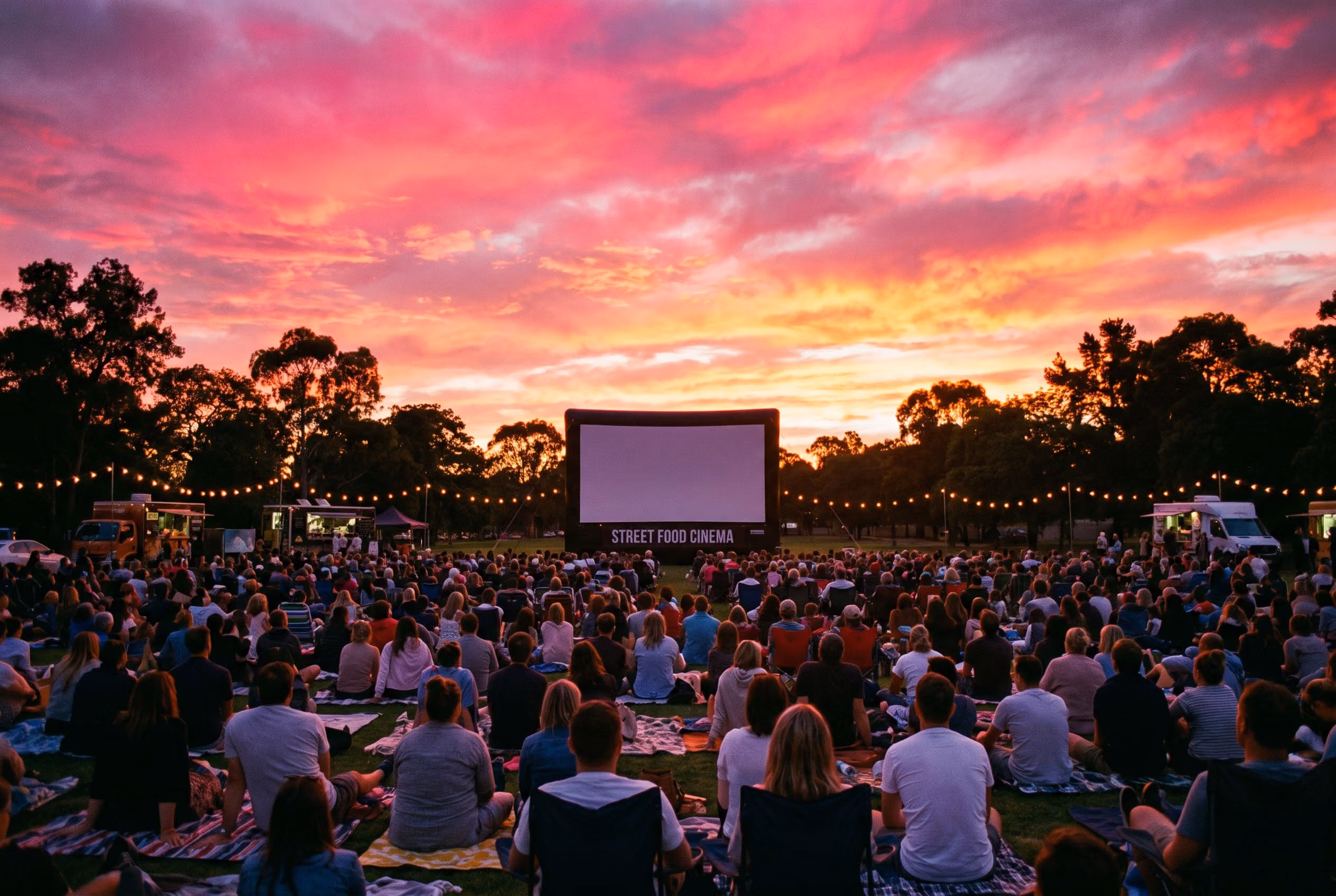 The lawn packed at golden hour before a screening