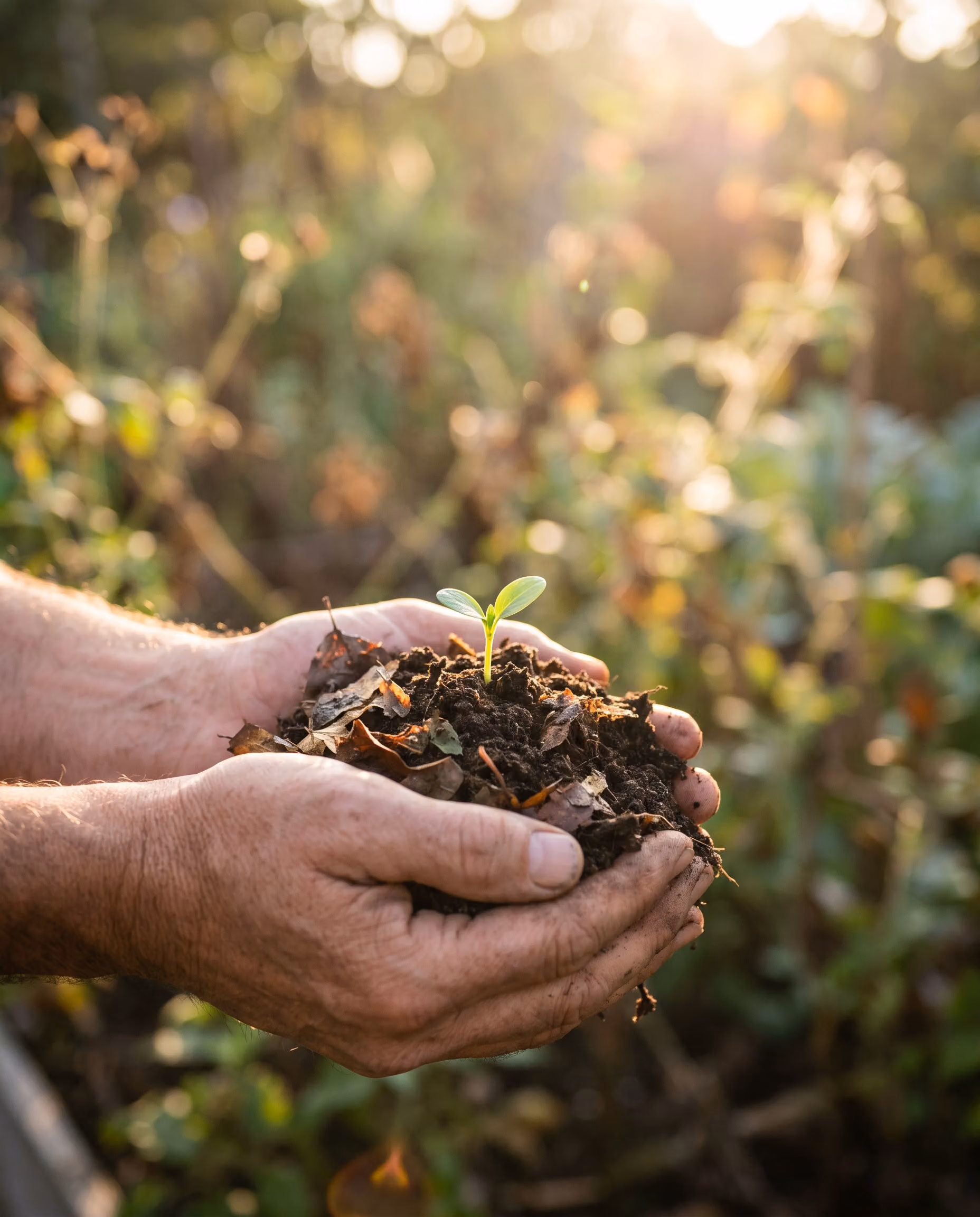 Hands holding rich compost with a green seedling