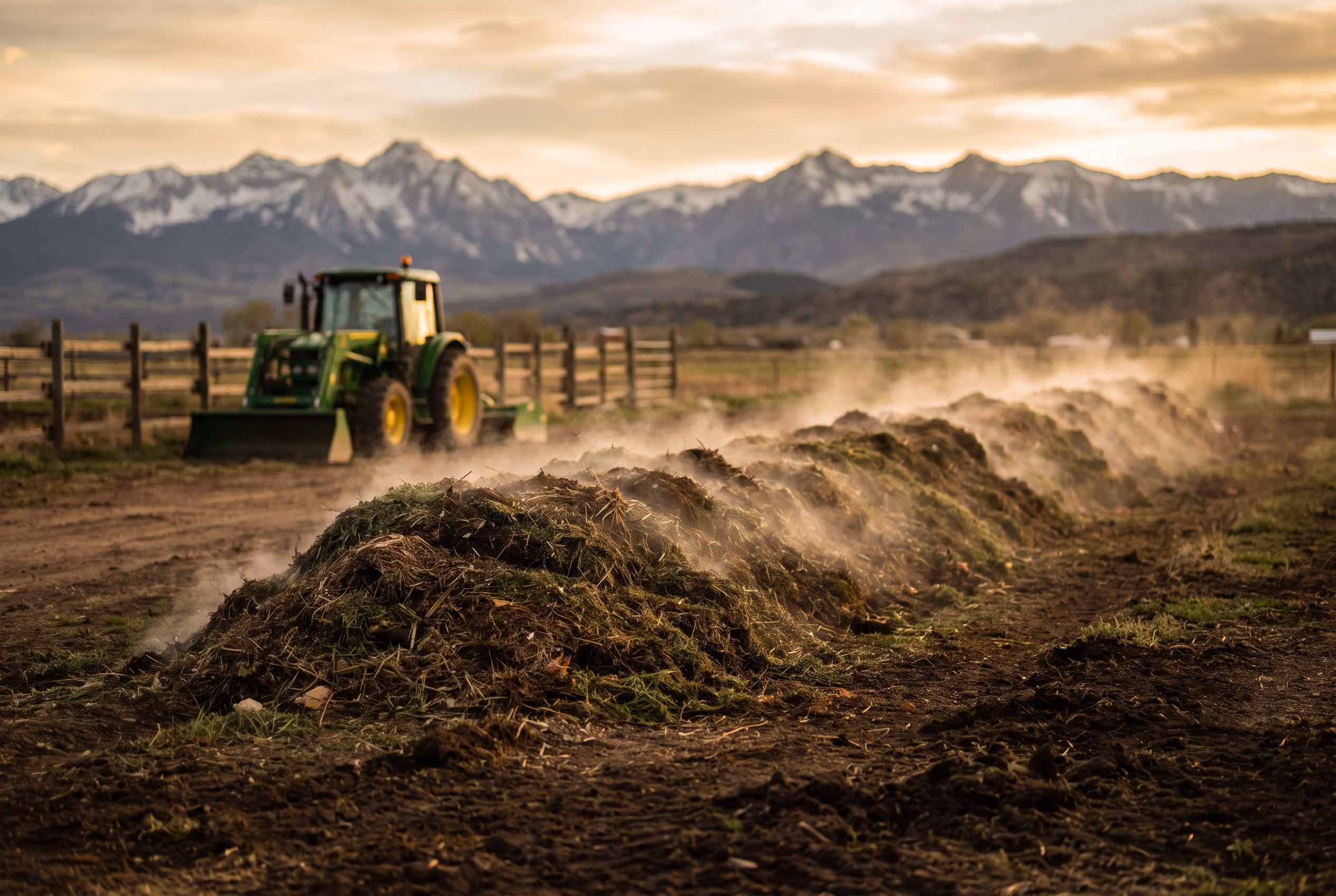 Compost windrows steaming at a Colorado farm at golden hour