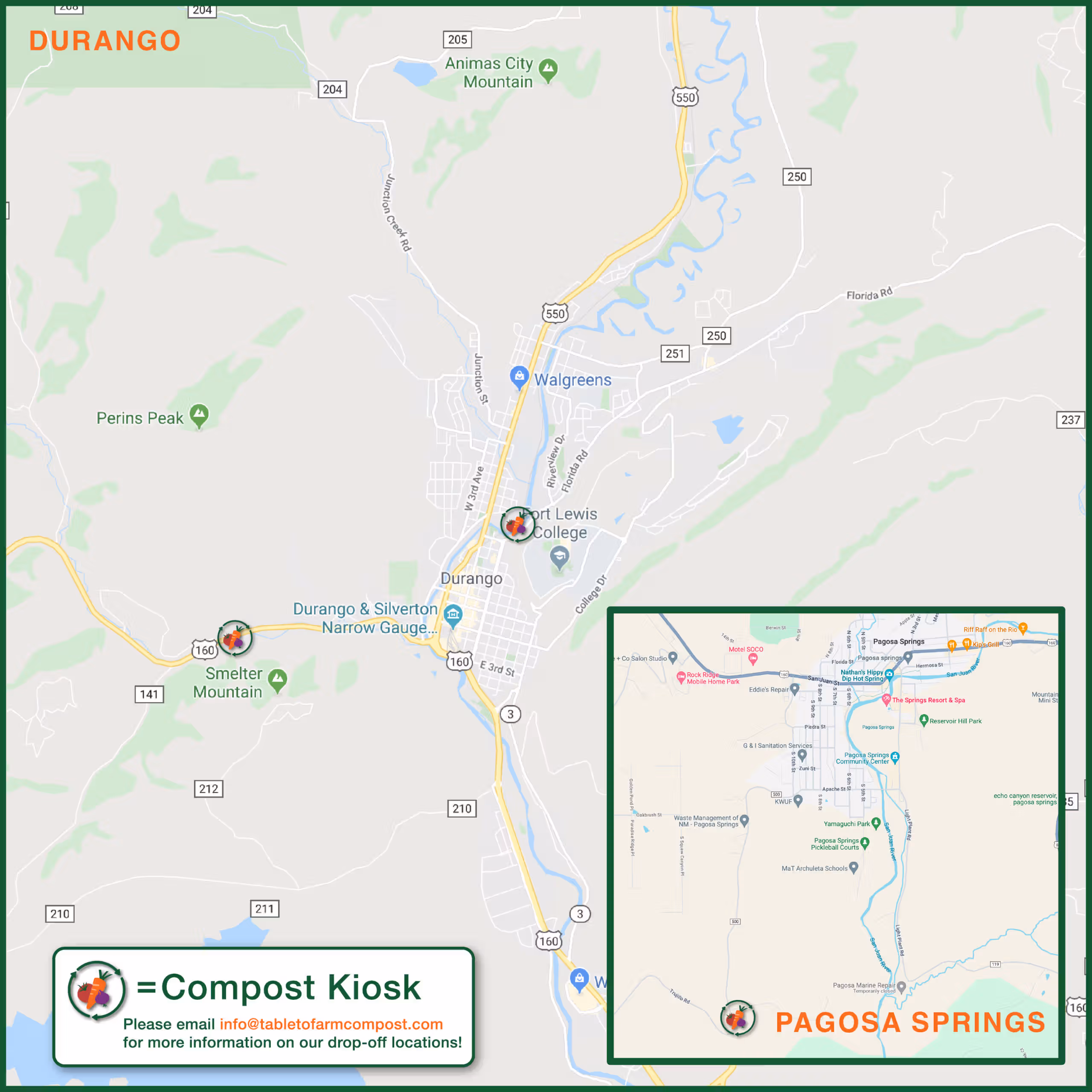 Map of Table to Farm compost kiosk drop-off locations around Durango and Pagosa Springs