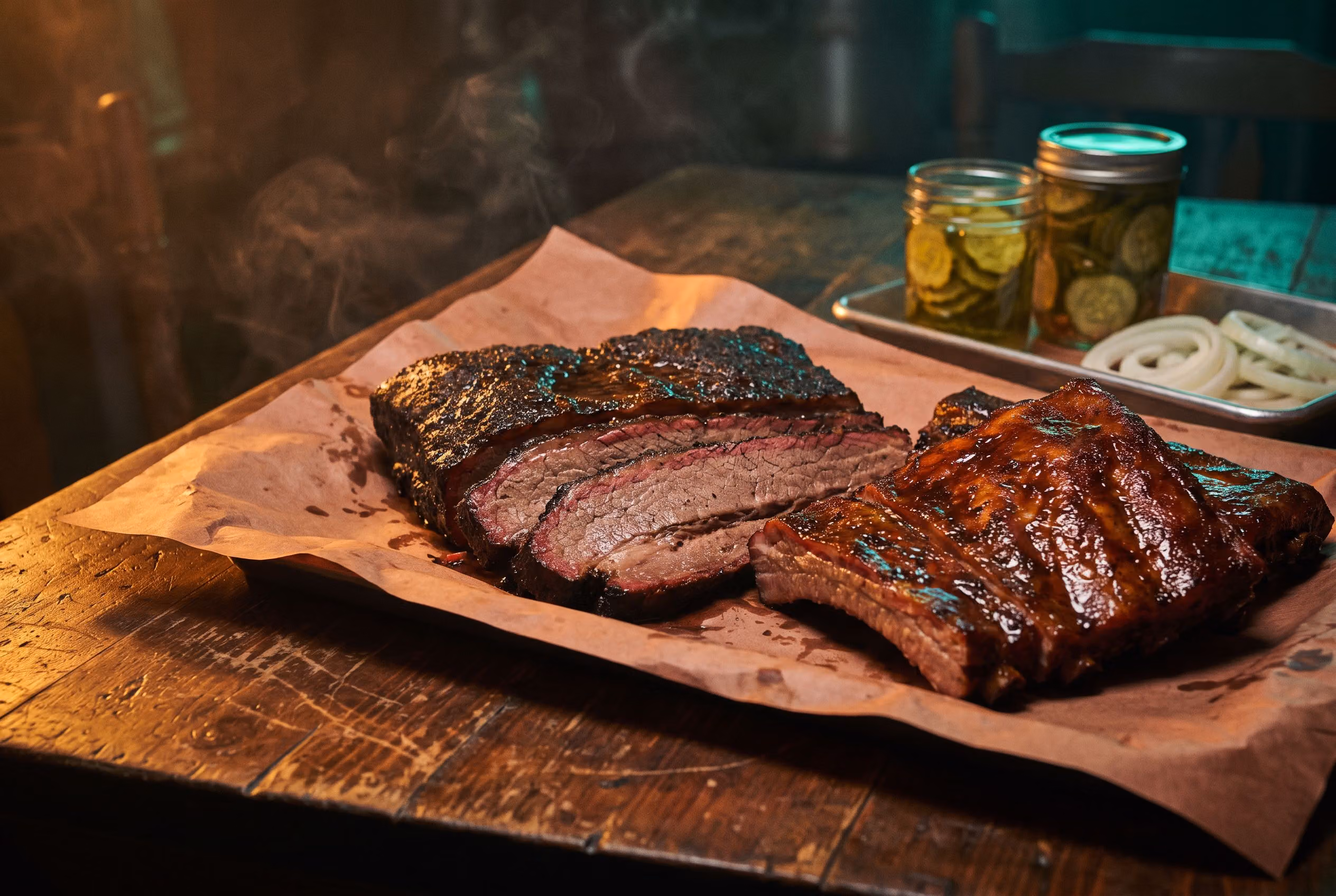 Sliced smoked brisket and ribs on butcher paper at Wildwood Saloon