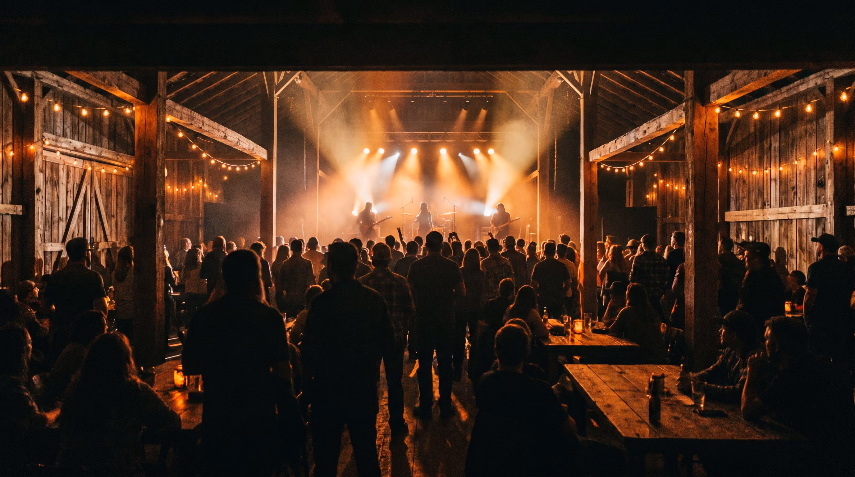 Wildwood Saloon music hall at night, amber stage light and haze over a full room