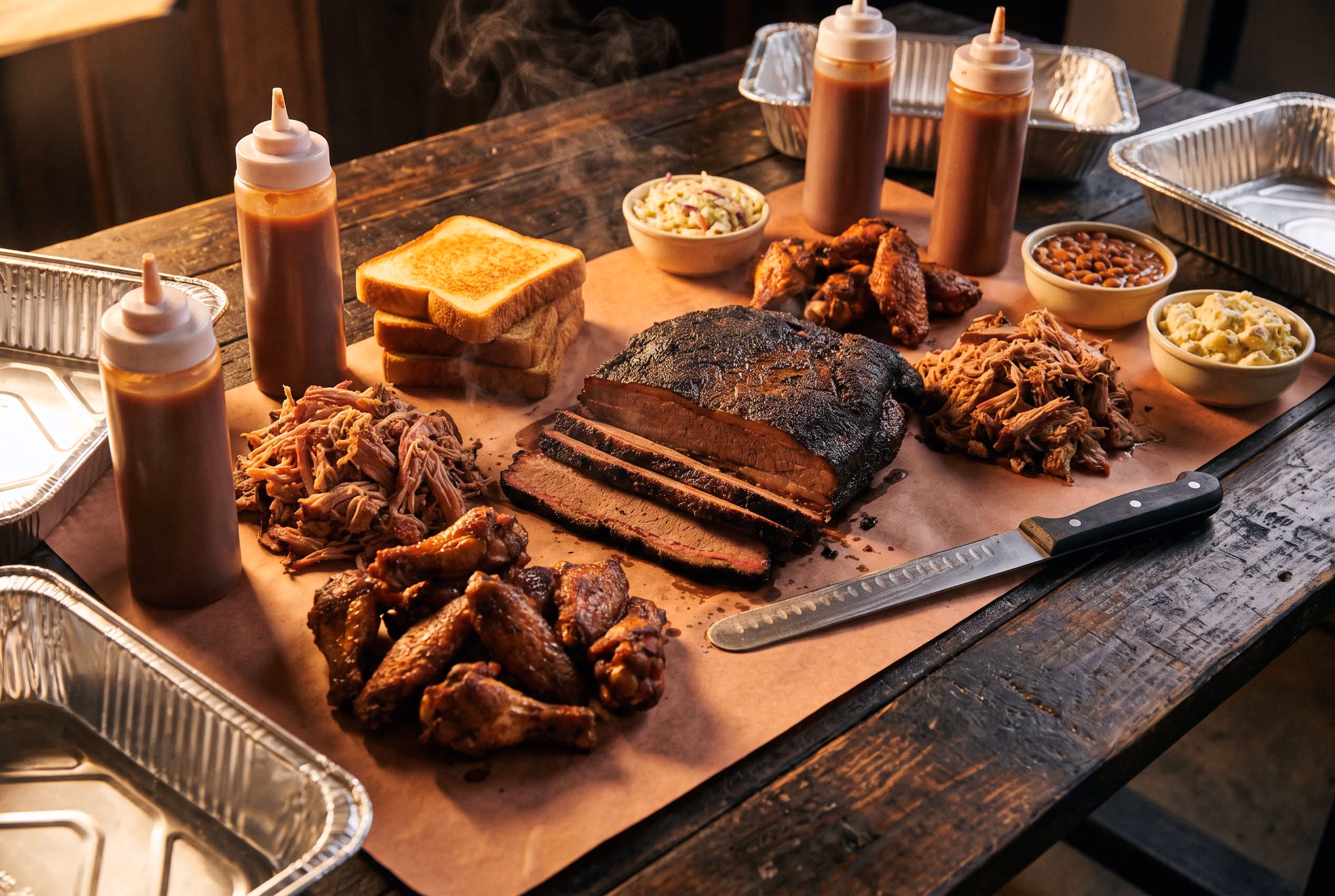 A barbecue catering spread of brisket, pulled pork and sides on butcher paper