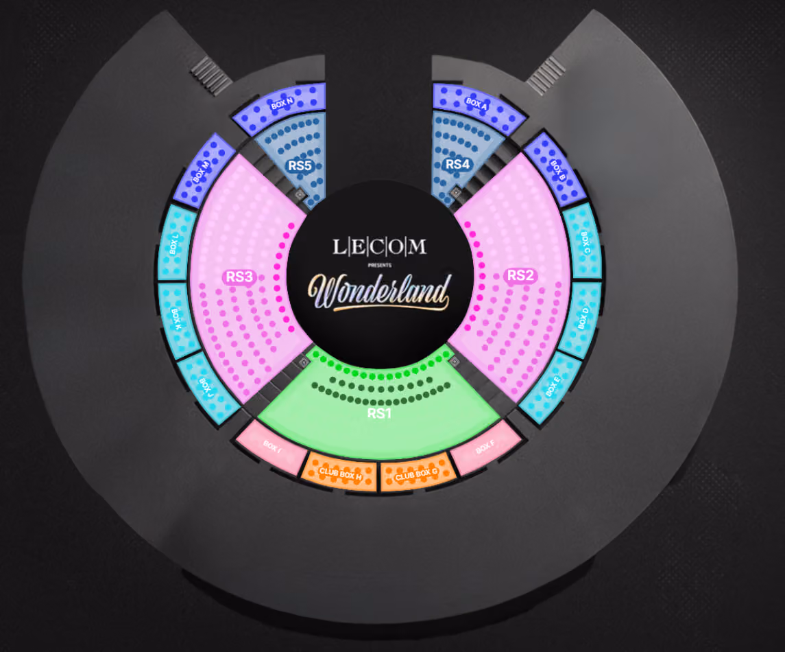 Wonderland seating chart with the floor highlighted: Premier and Premium Ringside around the ring, Ringside 2 through 5 to the sides and rear, and Box Seating along the front