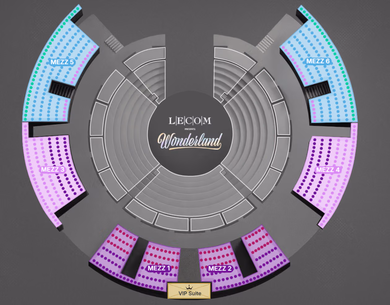 Wonderland seating chart with the mezzanine levels highlighted: Mezzanine 1 and 2 centred on the ring, 3 through 6 wrapping the sides, and the VIP Suite at centre front