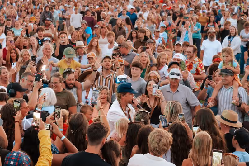 Packed crowd singing along in front of the stage