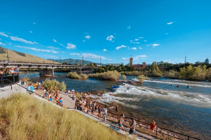 The Clark Fork River running through Missoula on a sunny day