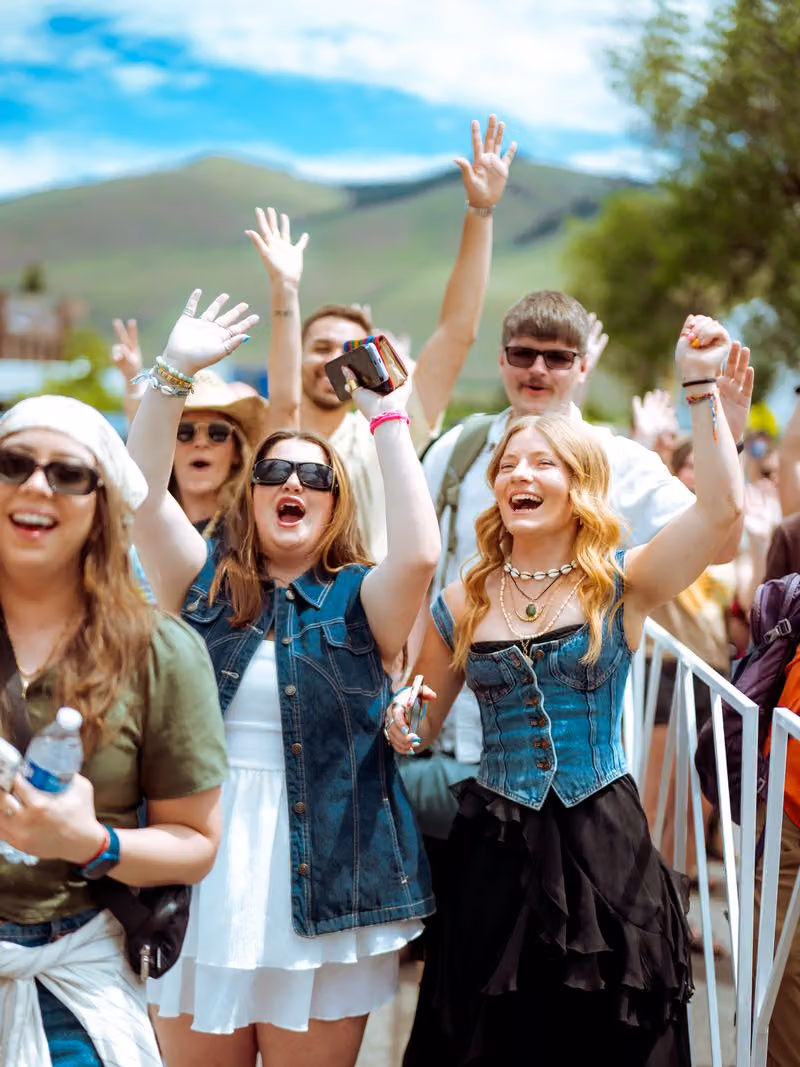 Friends cheering with hands in the air in the festival crowd